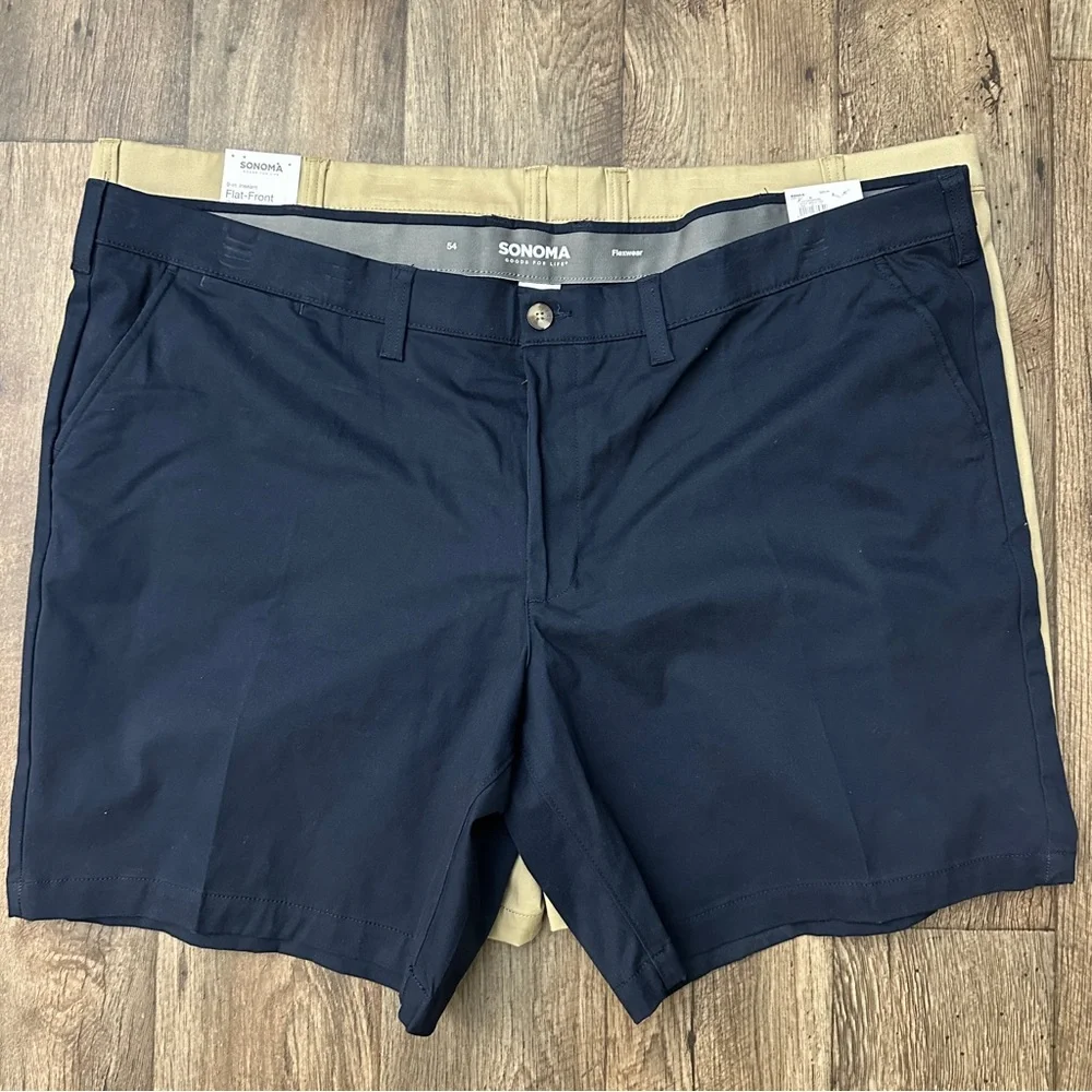 Sonoma Flexwear Flat Front Cotton Shorts 2 pc Bundle Size 54 Blue Tan